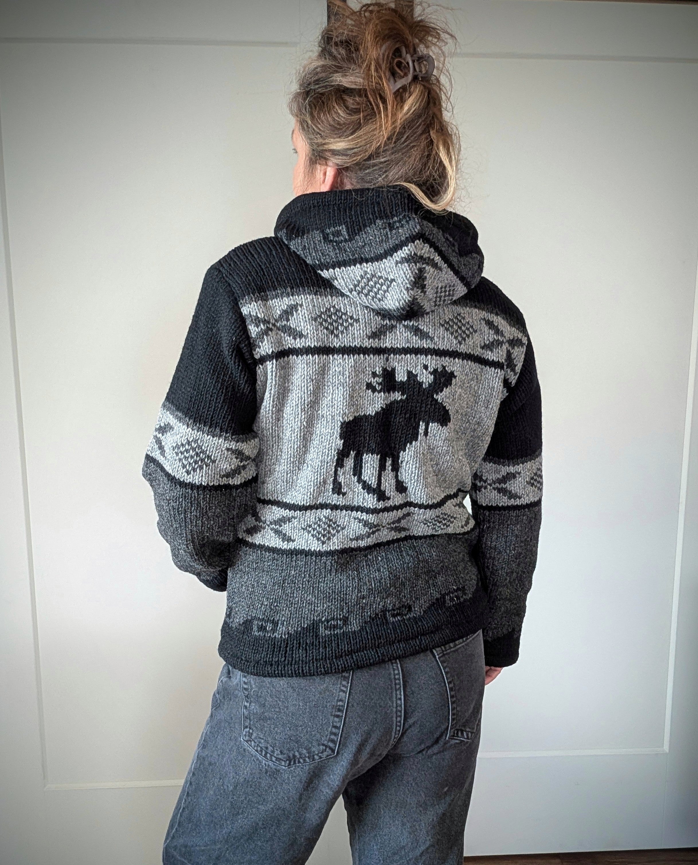 Unisex Wool Zip Front Hooded Jacket Moose Design