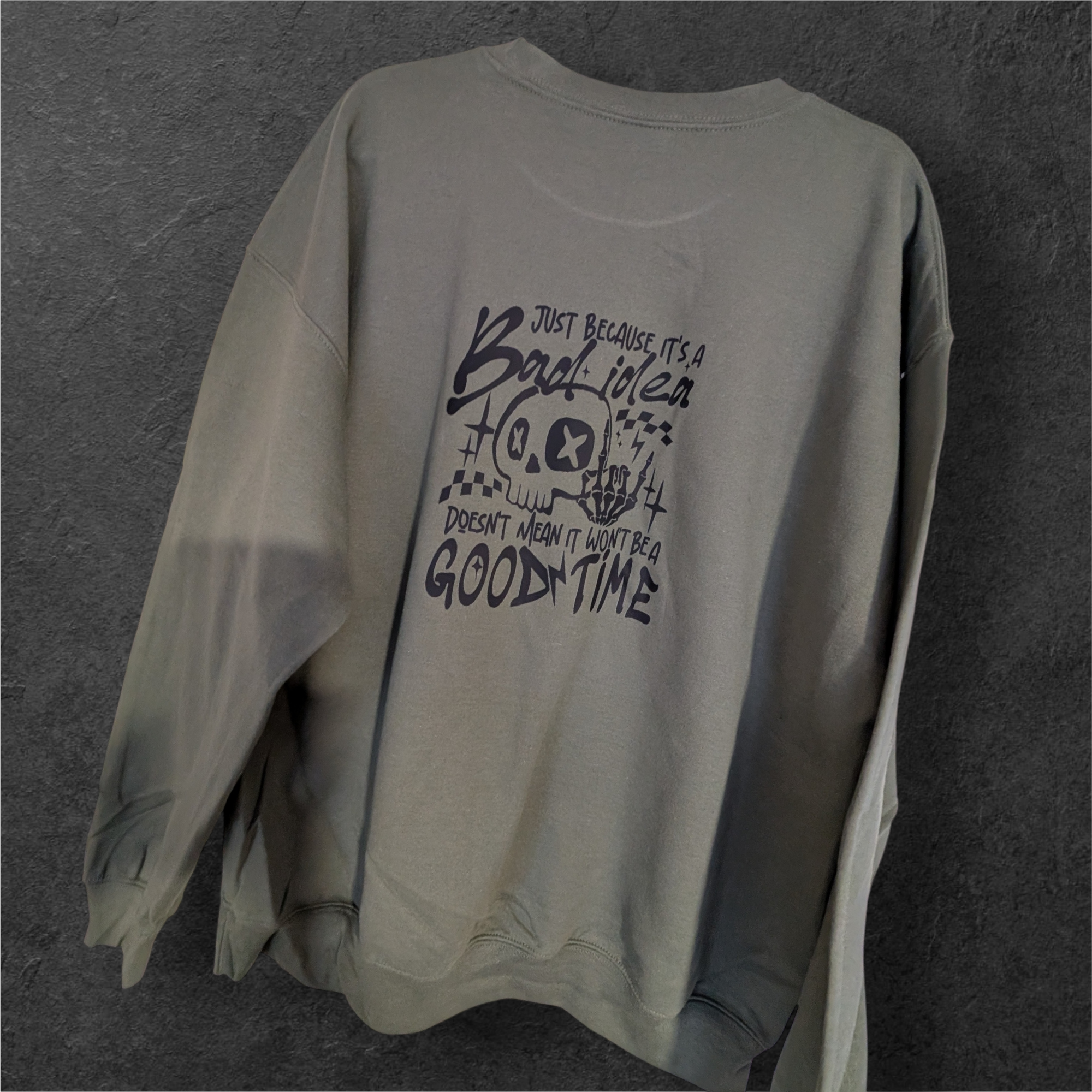 Fresh Pressed Graphic Crewneck Sweatshirt - Bad Idea, Good Time