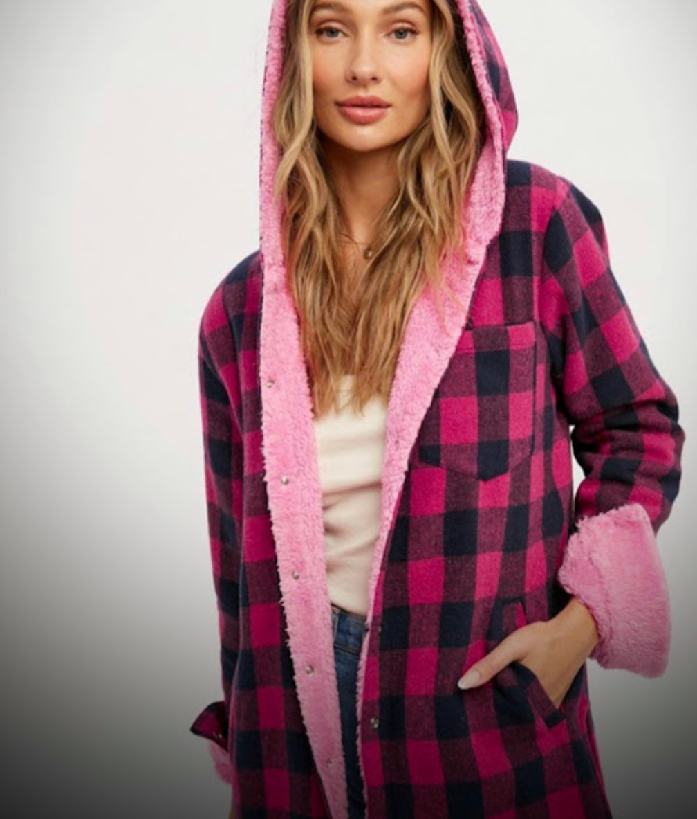 Blu Ivy Buffalo Check Sherpa Lined Hooded Jacket - Size Small