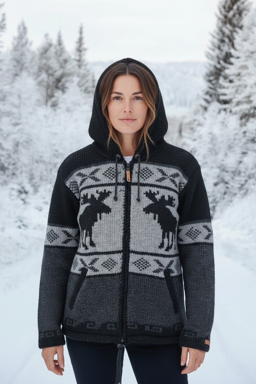 Unisex Wool Zip Front Hooded Jacket Moose Design