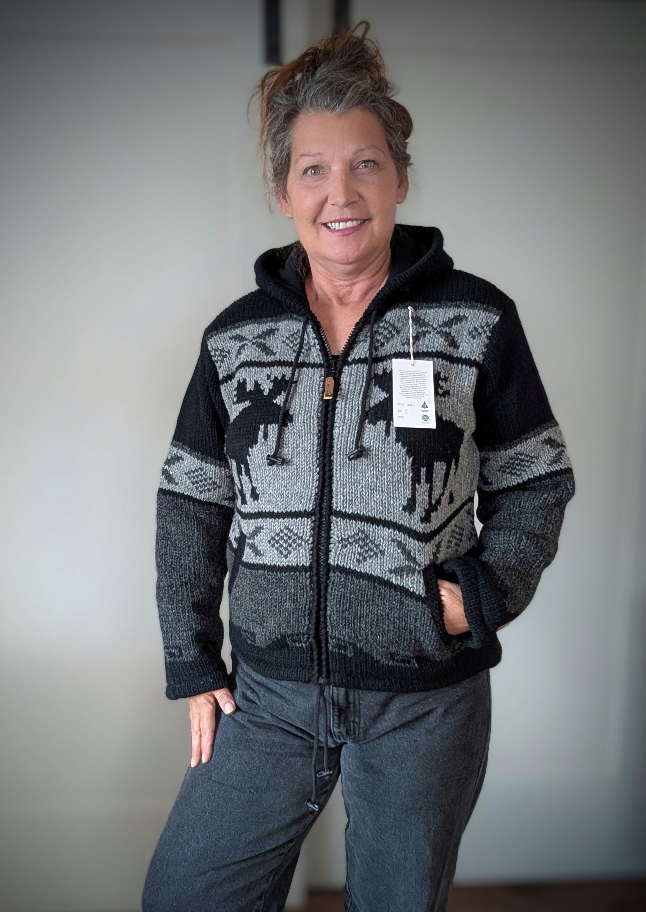 Unisex Wool Zip Front Hooded Jacket Moose Design